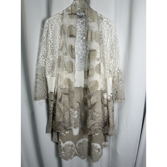 Anis. A Cream Tan Sheer Multi Print Cardigan Duster Shrug Sz L - Picture 1 of 5